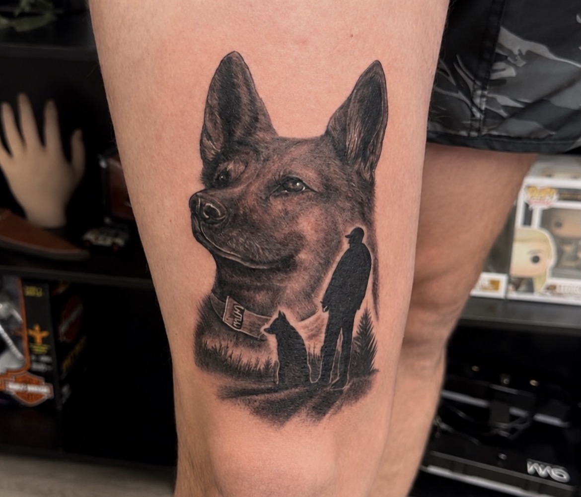 Dog memorial portrait tattoo by Jake Bebout at Snafu Tattoo Studio in Wilmington NC