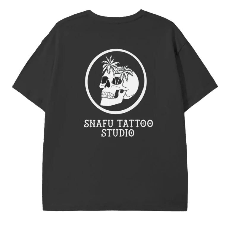 Black Snafu Tattoo Studio skull and palm tree graphic tee